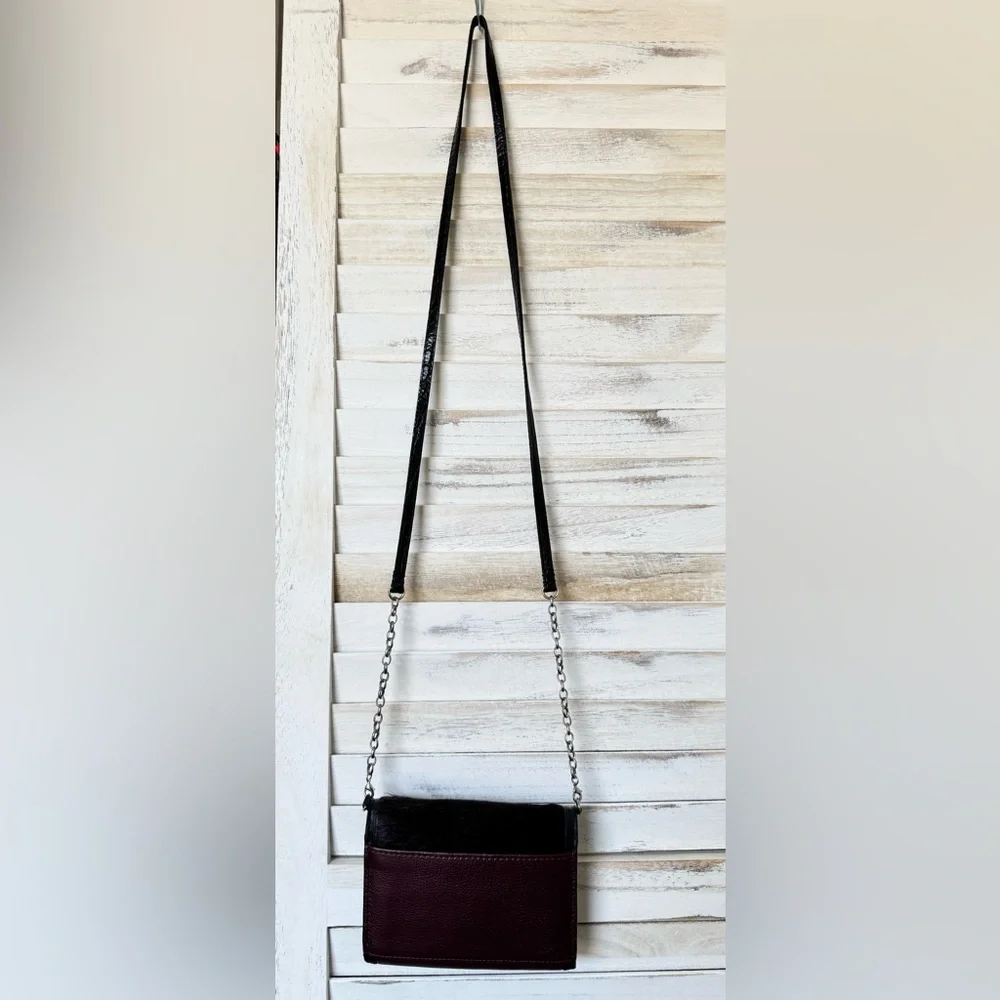 Brighton CITY BLOCK Medium Tech Wallet Chestnut Leather Calf's Hair Crossbody